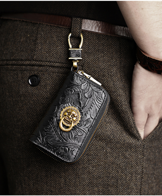 Ręcznie robiony portfel na klucze z prawdziwej skóry - inteligentny klucz, uchwyt, skrzynka, kieszeń na monety, podwójny zamek błyskawiczny - Wianko - 6
