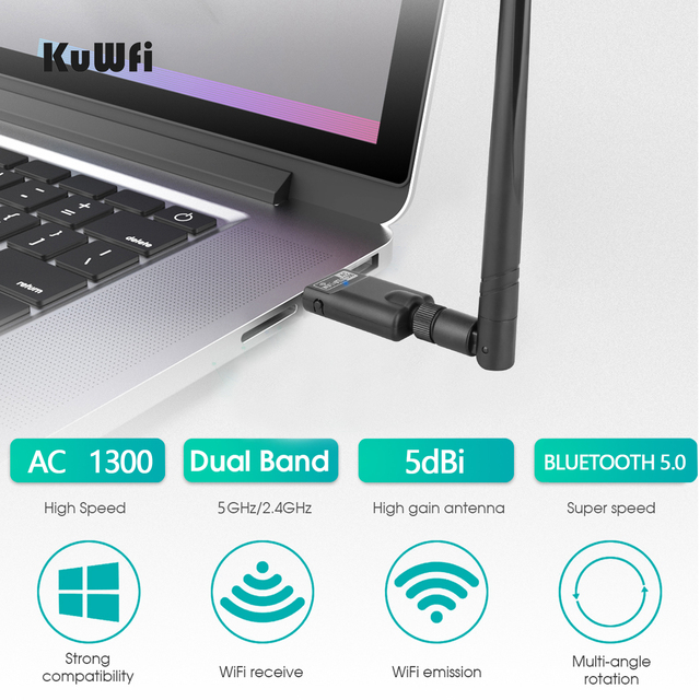 Adapter USB Wifi dwuzakresowy KuWFi 300/1300 mb/s 5G z anteną, Ethernet, Bluetooth 5.0 i odbiornikiem AC - Wianko - 2