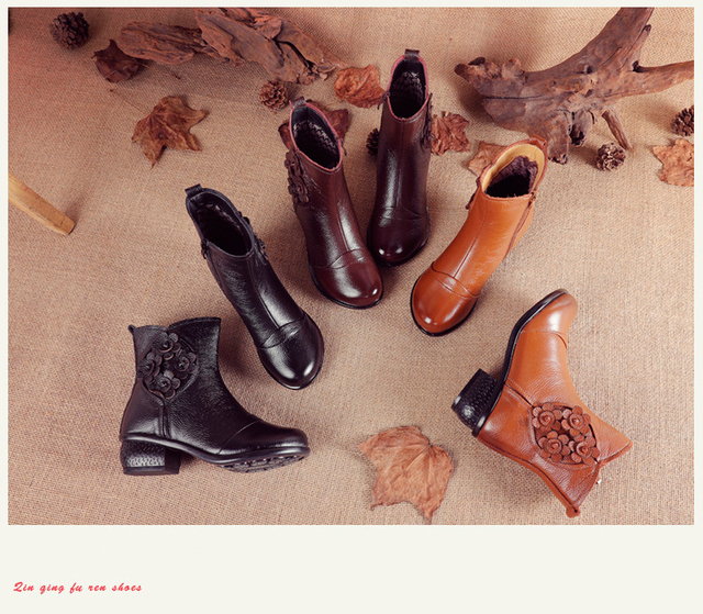 Buty damskie zimowe retro, skórzane, niskie obcasy, w etnicznym stylu z kwiatowym wzorem - Wianko - 3