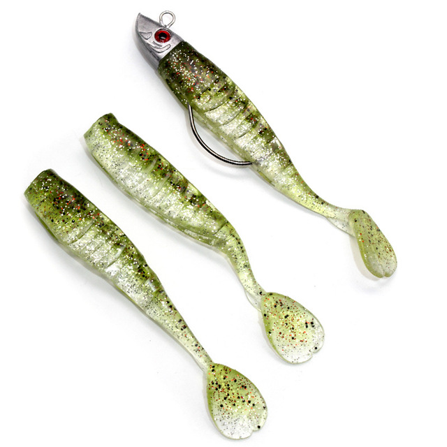 Przynęty na ryby - 3 sztuki: miękkie plastikowe przynęty o długości 10 cm (15.5 g) i 13 cm (26 g) zanętowa łyżka do produkcji much - Wianko - 22