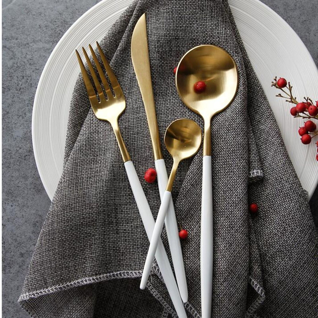 Luksusowy zestaw obiadowy - 4 szt. stalowych sztućców ze stali nierdzewnej w kolorach: złotym, różowym, czarnym i białym - Wianko - 7