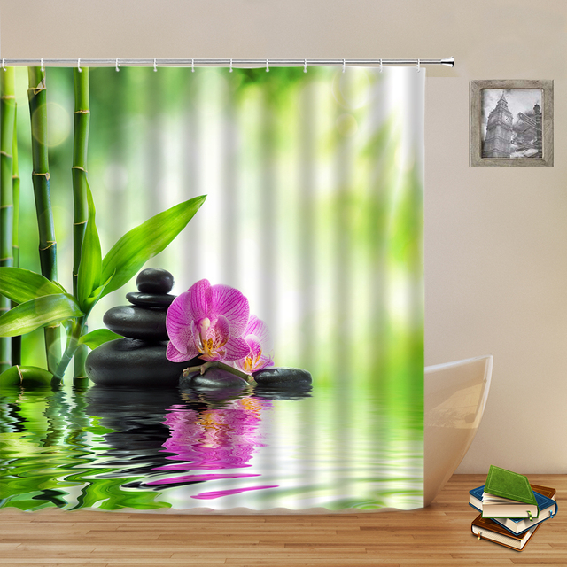 Zielona zasłona prysznicowa z motywem bambusa i kamieniem do masażu - Spa Zen Buddha Joga Orchidea - Wianko - 4