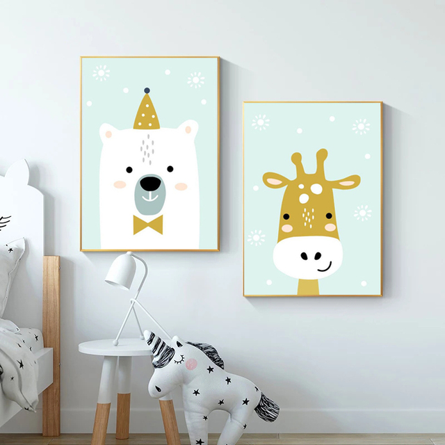 Dekoracja do pokoju dziecięcego - śliczny lew, niedźwiedź polarny, żyrafa, melonik, plakat skandynawski i płótno artystyczne salonu dekoracji wnętrz - Malarstwo i kaligrafia - Wianko - 5