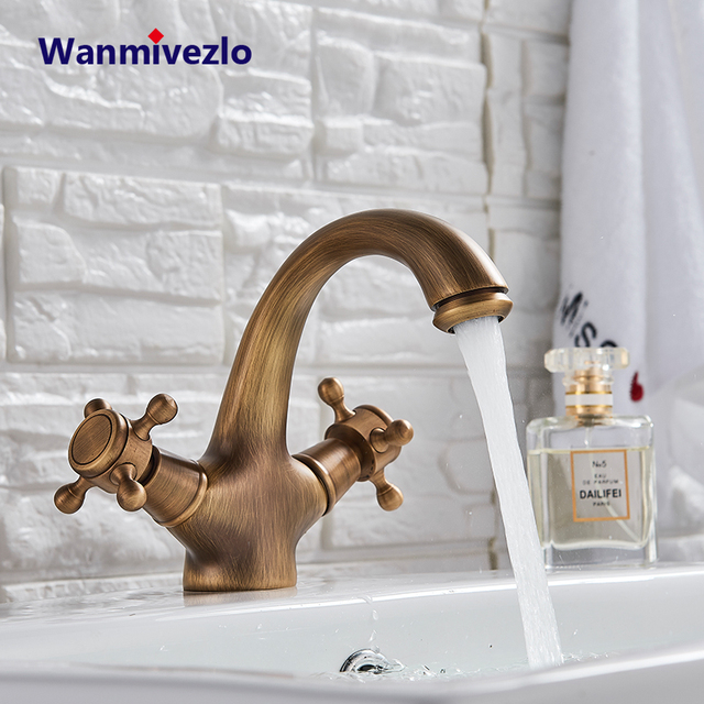 Złoty kran umywalkowy podwójny uchwyt z ciepłą i zimną wodą, mosiądz antyczny - Wianko - 1