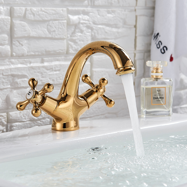 Złoty kran umywalkowy podwójny uchwyt z ciepłą i zimną wodą, mosiądz antyczny - Wianko - 4