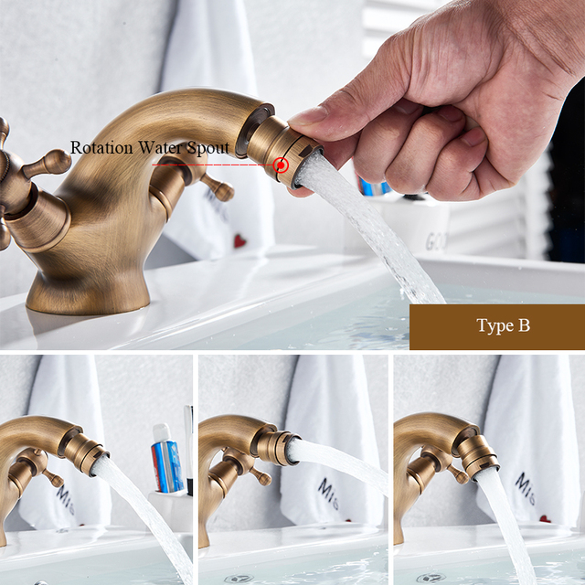 Złoty kran umywalkowy podwójny uchwyt z ciepłą i zimną wodą, mosiądz antyczny - Wianko - 3