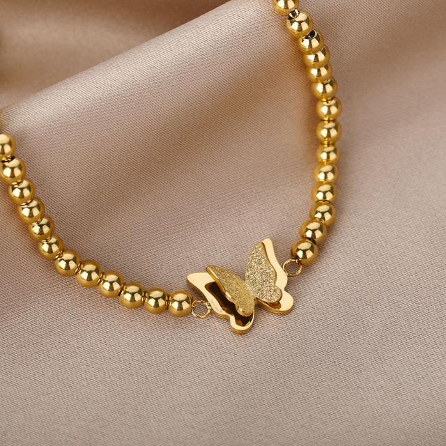 Bransoletka motyl ze stali nierdzewnej złote korale - stylowa biżuteria dla kobiet - Wianko - 3