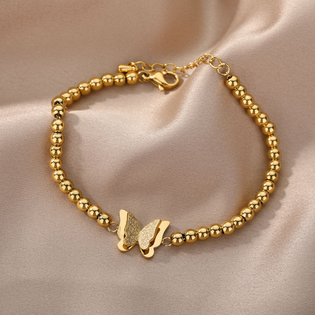 Bransoletka motyl ze stali nierdzewnej złote korale - stylowa biżuteria dla kobiet - Wianko - 5