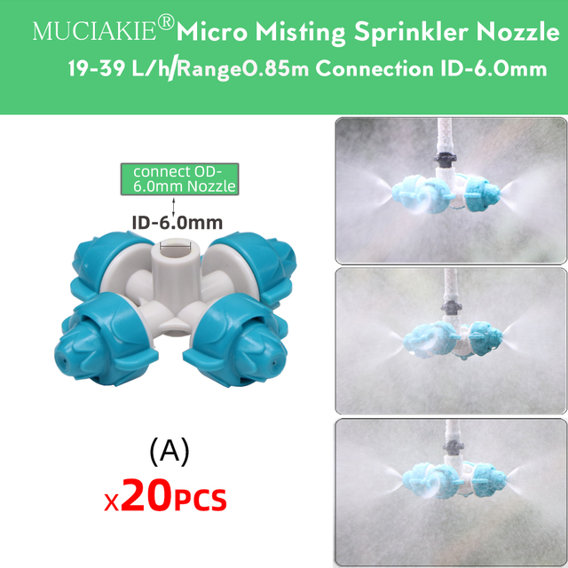 Zraszacze ogrodowe MUCIAKIE 20 sztuk - 19-39 L/h, krzyżowe dysze rozpylające 4/1, Barb ID-6.0mm, Tee, do chłodzenia cieplarnianego - Wianko - 5