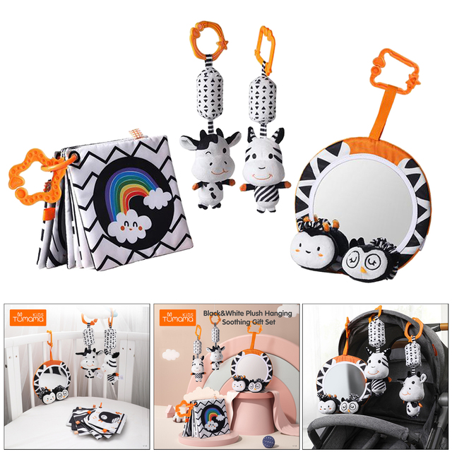 Pluszowe zawieszki do wózka dla dziecka - szopka, grzechotki, lustro, zestaw zabawek czarno-białych - Wianko - 1