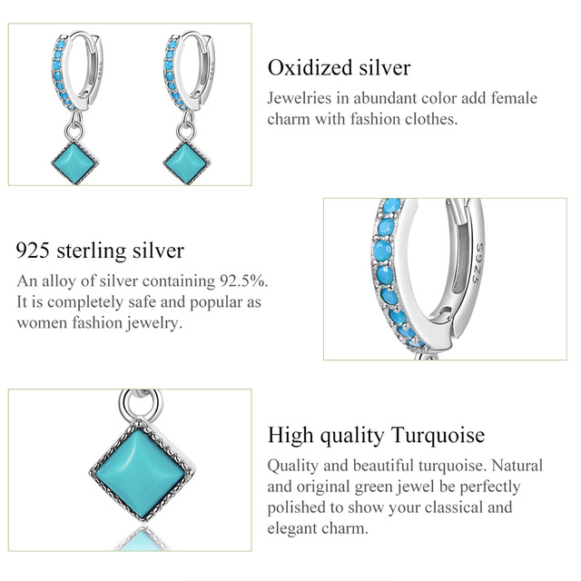 Kolczyki damske Bamoer z turkusowymi kubicznymi kamieniami, srebro 925, niebieski wisiorek, czeska biżuteria - Wianko - 10