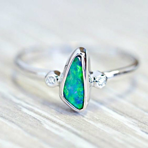 Pierścień z niebieskim kamieniem Opal w kolorze srebrnym - pierścionek damski o retro stylu i nieregularnym kształcie - Wianko - 2