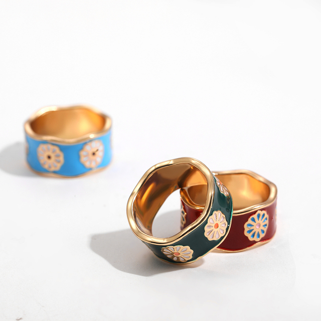 Złoty pierścionek Bohemia z geometrycznym wzorem i kolorowym kwiatem Daisy - Wianko - 3
