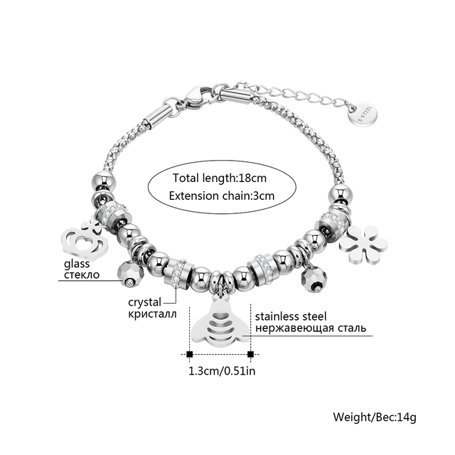 Śliczna pszczoła - wisiorek i bransoleta ze stali nierdzewnej, biżuteria dla kobiet z kryształem Gig, srebrzysty jasny kolor, łańcuch Popcorn - Wianko - 3