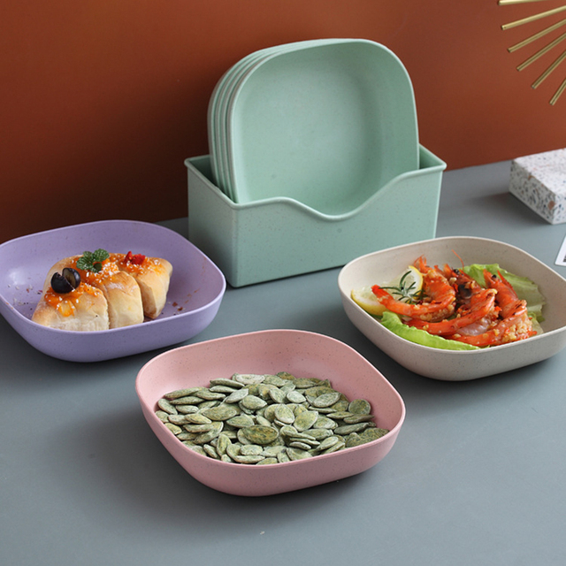 Zestaw sztućców zdrowych, płytki talerz i salaterka z kolorowymi włóknami ze słomy pszenicznej - naczynia i talerze - Wianko - 3