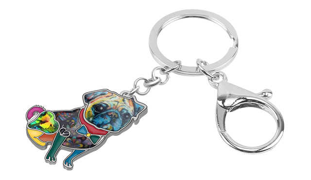 Breloczek na klucze z emaliowanym, błyszczącym Bulldogiem Mopsem i kółkiem z kryształkami - biżuteria i akcesoria dla miłośników zwierząt - Wianko - 1