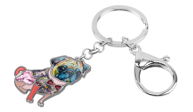 Breloczek na klucze z emaliowanym, błyszczącym Bulldogiem Mopsem i kółkiem z kryształkami - biżuteria i akcesoria dla miłośników zwierząt - Wianko - 3