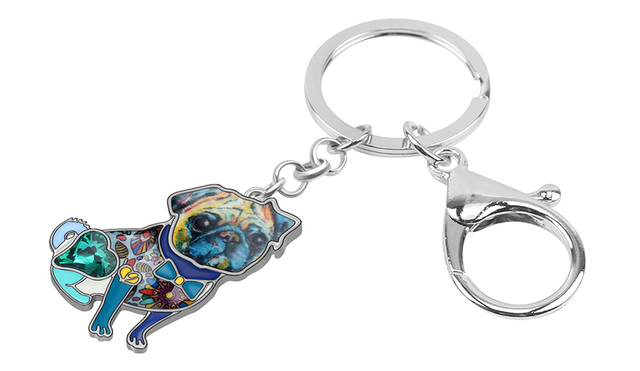 Breloczek na klucze z emaliowanym, błyszczącym Bulldogiem Mopsem i kółkiem z kryształkami - biżuteria i akcesoria dla miłośników zwierząt - Wianko - 2