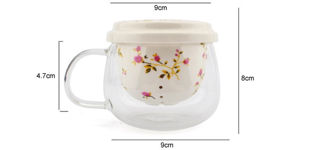 Filiżanki kwiatowe z czajniczkiem i pokrywką, z siatkowym filtrem do herbaty oraz kubek szklany + ceramiczny na prezent - Wianko - 1