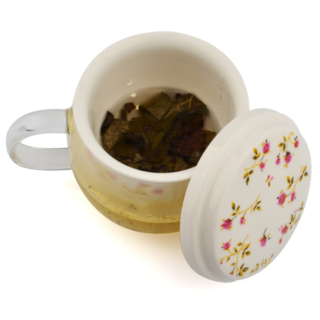 Filiżanki kwiatowe z czajniczkiem i pokrywką, z siatkowym filtrem do herbaty oraz kubek szklany + ceramiczny na prezent - Wianko - 6