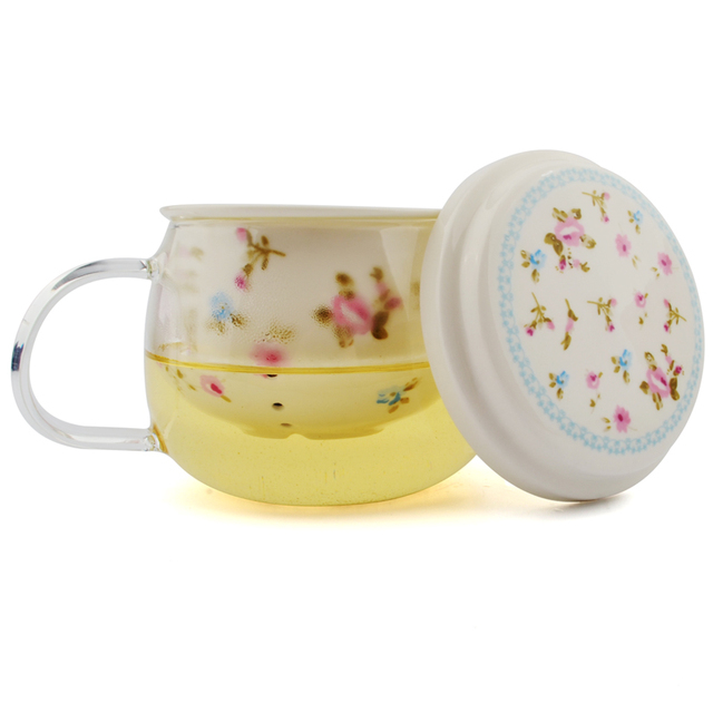 Filiżanki kwiatowe z czajniczkiem i pokrywką, z siatkowym filtrem do herbaty oraz kubek szklany + ceramiczny na prezent - Wianko - 7