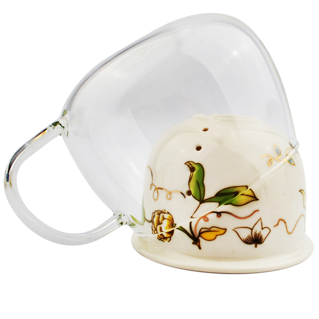 Filiżanki kwiatowe z czajniczkiem i pokrywką, z siatkowym filtrem do herbaty oraz kubek szklany + ceramiczny na prezent - Wianko - 3