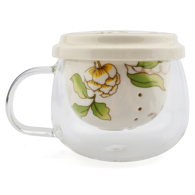 Filiżanki kwiatowe z czajniczkiem i pokrywką, z siatkowym filtrem do herbaty oraz kubek szklany + ceramiczny na prezent - Wianko - 2