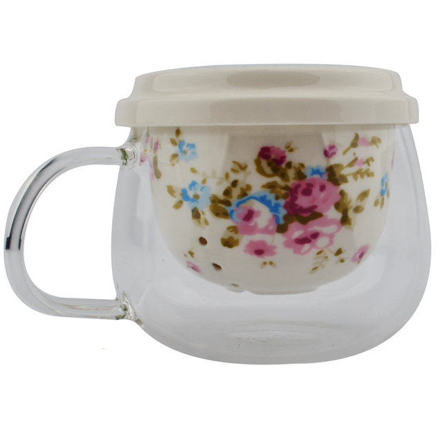 Filiżanki kwiatowe z czajniczkiem i pokrywką, z siatkowym filtrem do herbaty oraz kubek szklany + ceramiczny na prezent - Wianko - 9