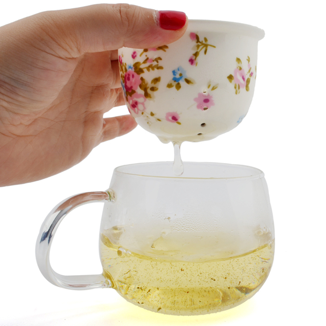Filiżanki kwiatowe z czajniczkiem i pokrywką, z siatkowym filtrem do herbaty oraz kubek szklany + ceramiczny na prezent - Wianko - 8