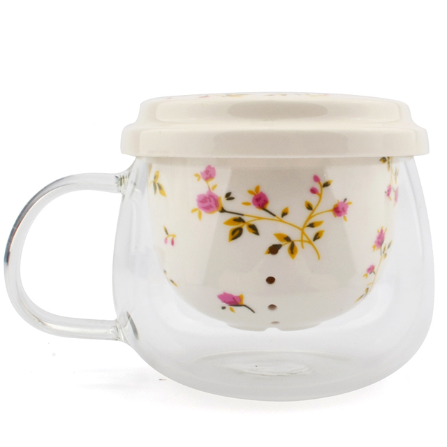 Filiżanki kwiatowe z czajniczkiem i pokrywką, z siatkowym filtrem do herbaty oraz kubek szklany + ceramiczny na prezent - Wianko - 4