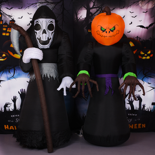 Lampion Halloween z nadmuchiwanych dekoracji dyni w stylu horroru z demonem LED czarownicą i duchem, idealny na imprezę DIY - Wianko - 3
