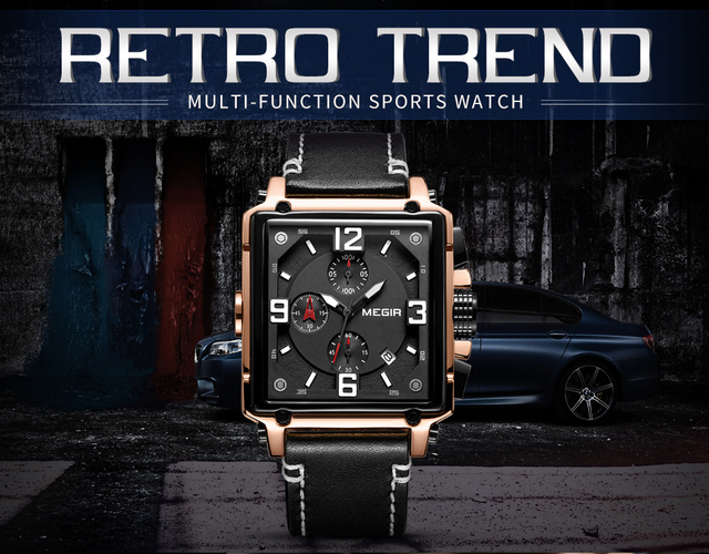 Zegarek MEGIR dla mężczyzn 2021 Top marka luksusowy skórzany wojskowy zegarek kwarcowy kwadratowy styl mężczyzny - Wianko - 1
