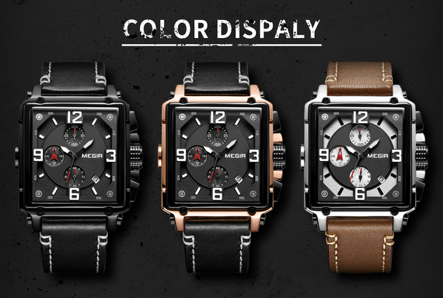 Zegarek MEGIR dla mężczyzn 2021 Top marka luksusowy skórzany wojskowy zegarek kwarcowy kwadratowy styl mężczyzny - Wianko - 5