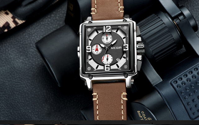 Zegarek MEGIR dla mężczyzn 2021 Top marka luksusowy skórzany wojskowy zegarek kwarcowy kwadratowy styl mężczyzny - Wianko - 17