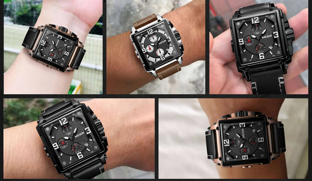 Zegarek MEGIR dla mężczyzn 2021 Top marka luksusowy skórzany wojskowy zegarek kwarcowy kwadratowy styl mężczyzny - Wianko - 3