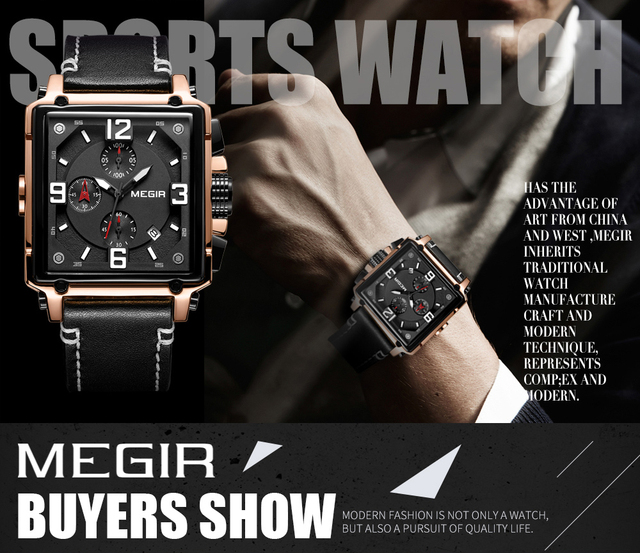 Zegarek MEGIR dla mężczyzn 2021 Top marka luksusowy skórzany wojskowy zegarek kwarcowy kwadratowy styl mężczyzny - Wianko - 2