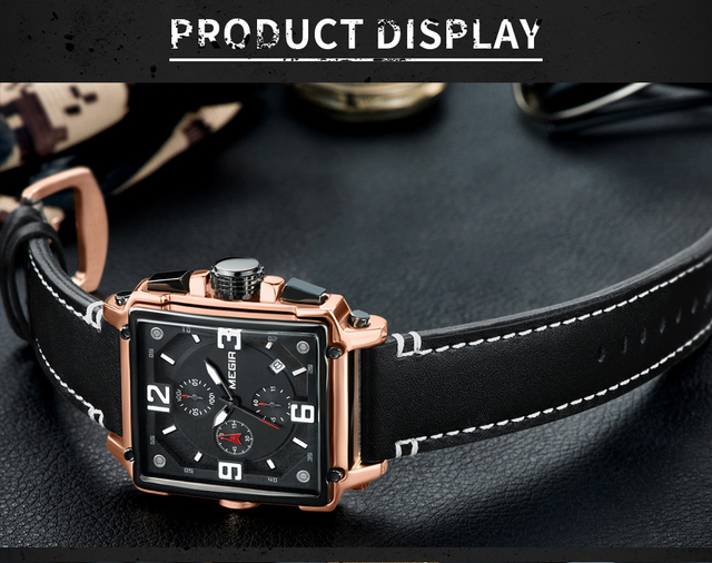 Zegarek MEGIR dla mężczyzn 2021 Top marka luksusowy skórzany wojskowy zegarek kwarcowy kwadratowy styl mężczyzny - Wianko - 16
