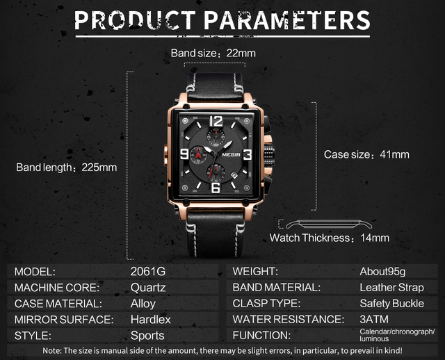 Zegarek MEGIR dla mężczyzn 2021 Top marka luksusowy skórzany wojskowy zegarek kwarcowy kwadratowy styl mężczyzny - Wianko - 4
