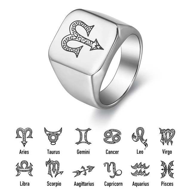 Pierścionek sygnet z konstelacją zodiaku w kolorze srebrnym, personalizowany dla kobiet i mężczyzn, rozmiary 8-12 - Wianko - 2