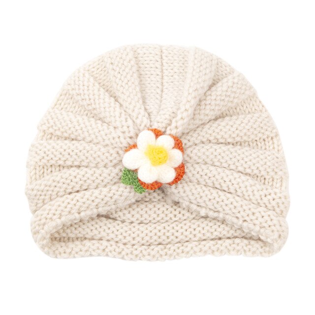 Jesienna i zimowa czapka dla dzieci w jednym kolorze z dzianiny, ozdobiona kwiatem - Wianko - 2