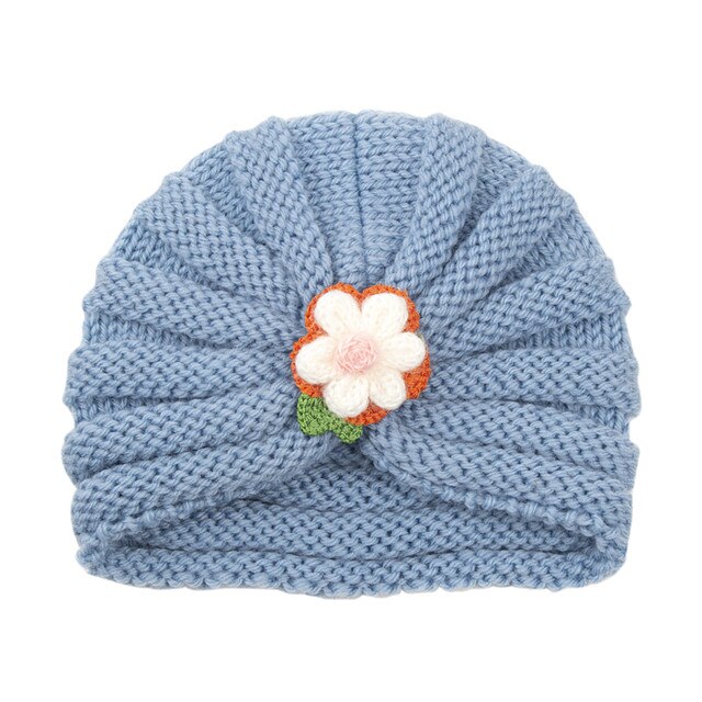 Jesienna i zimowa czapka dla dzieci w jednym kolorze z dzianiny, ozdobiona kwiatem - Wianko - 5