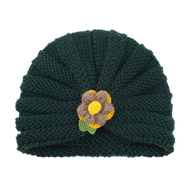 Jesienna i zimowa czapka dla dzieci w jednym kolorze z dzianiny, ozdobiona kwiatem - Wianko - 7