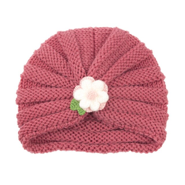 Jesienna i zimowa czapka dla dzieci w jednym kolorze z dzianiny, ozdobiona kwiatem - Wianko - 17