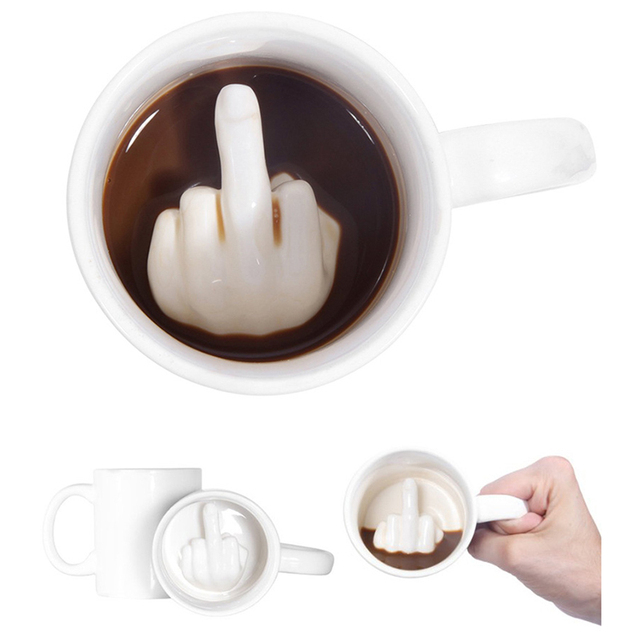 Kubek ceramiczny z zabawnym białym środkowym palcem, 300ml pojemności, kreatywny design z mieszaniem do kawy i mleka - Wianko - 1