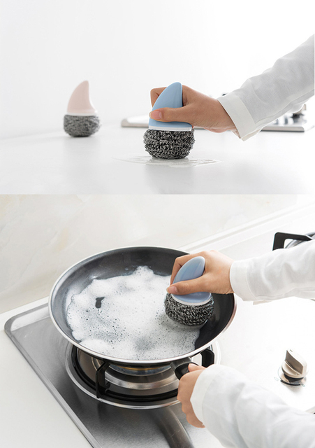 Naczynie do czyszczenia garnków i patelni ze stali nierdzewnej w kształcie kulki wraz z druciakiem do naczynia, idealne do domowego prania w kuchni - Wianko - 3