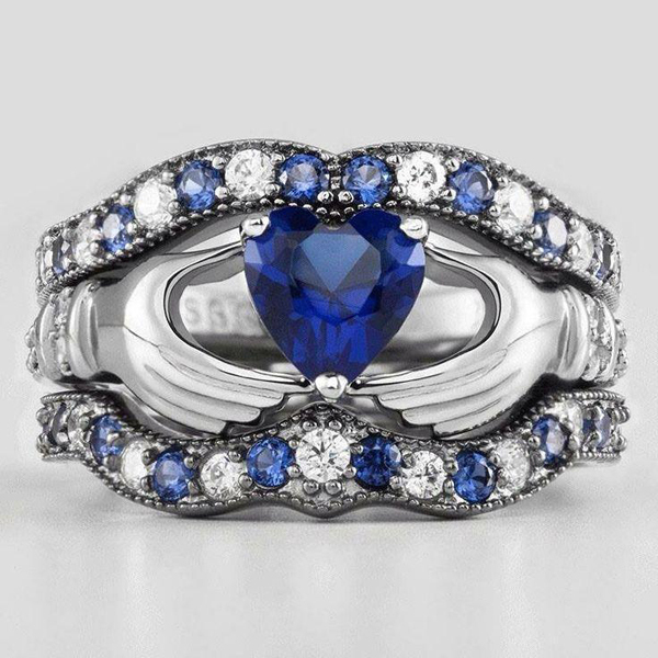 Pierścionek zaręczynowy srebrny Luksusowy 2017 z niebieskim sercem i motywem Claddagh - Wianko - 1