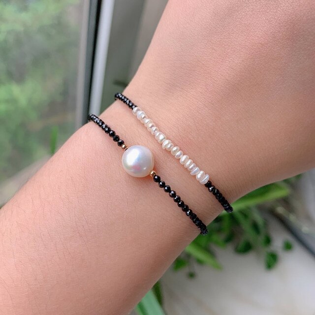 Czarne obsydianowe bransoletki z białymi perłowymi koralikami Reiki – biżuteria uzdrawiająca dla kobiet - Wianko - 1