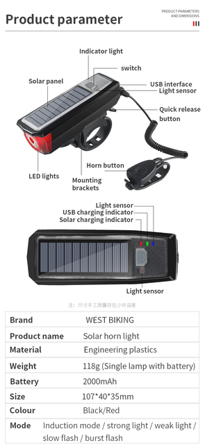 Lampa czołowa rowerowa WEST BIKING Solar Power z ładowaniem USB - Wianko - 3
