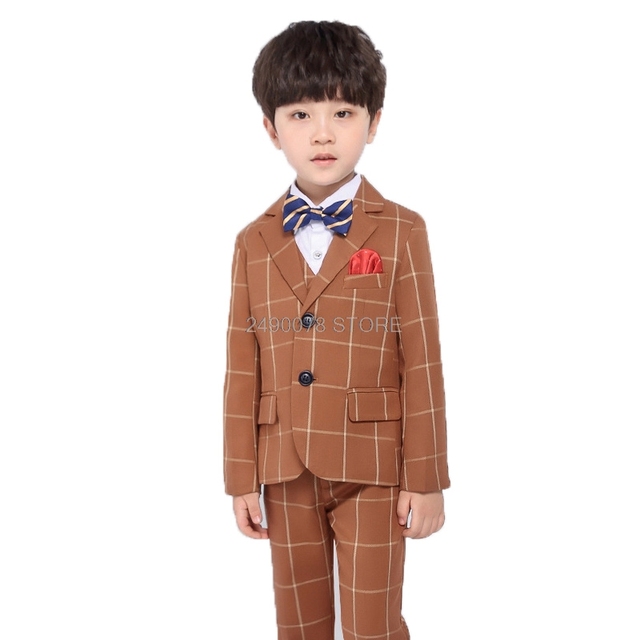 Garnitur dla chłopców w stylu angielskim Flower Boys Formal Wedding Suit - marynarka + spodnie + kamizelka + krawat, 4 elementy - Wianko - 8