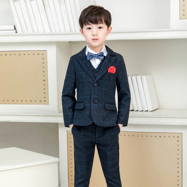 Garnitur dla chłopców w stylu angielskim Flower Boys Formal Wedding Suit - marynarka + spodnie + kamizelka + krawat, 4 elementy - Wianko - 16